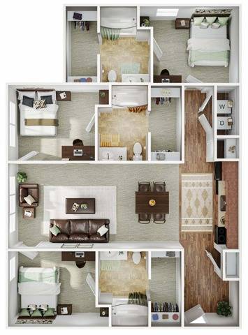 A 3D image of the 3BR/3BA floorplan, a 1238 squarefoot, 3 bed / 3 bath unit