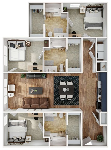 A 3D image of the 3BR/3BA – Upgraded floorplan, a 1238 squarefoot, 3 bed / 3 bath unit