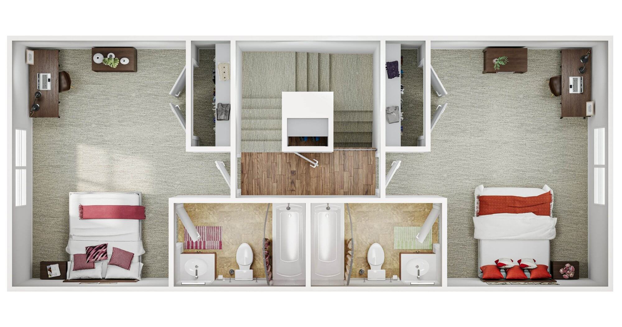 A 3D image of the 4BR/4BA floorplan, a 1862 squarefoot, 4 bed / 4 bath unit